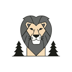 Noble Lion Emblem with Forest Trees. A striking illustration of a regal wildcat featuring a heart shaped mane, positioned amongst evergreen plants. Symbolizes courage and natural spirit.