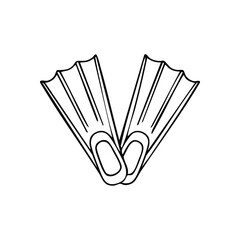 Swim Flippers Pair Icon. Black and white illustration of two fins, essential gear for underwater exploration. Perfect for vacation, sport, or recreation themes.