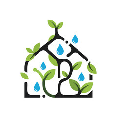 Green Home with Plant and Water. This image symbolizes ecological care and growth. A vibrant sapling thrives within a protective structure, nourished by blue liquid, representing sustainable.
