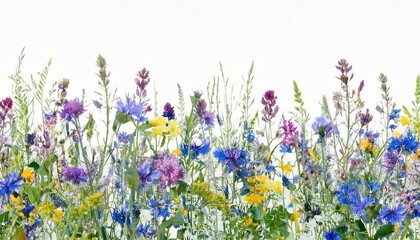 Fototapeta premium Wildflowers, herbs, and field flowers illustrated in delicate watercolor create a seamless floral border on a clean white background, perfect for natural-themed designs, fabric patterns, stationery, a