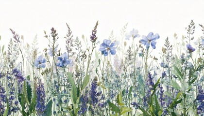 Fototapeta premium Wildflowers, herbs, and field flowers illustrated in delicate watercolor create a seamless floral border on a clean white background, perfect for natural-themed designs, fabric patterns, stationery, a