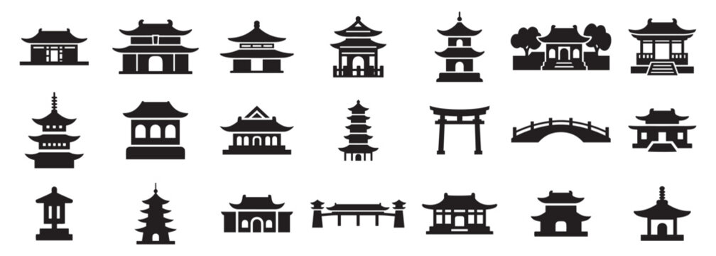 Asian Architecture Icon Set, A comprehensive collection of  black silhouette vector icons featuring traditional Asian temples, pagodas, gates, and bridges