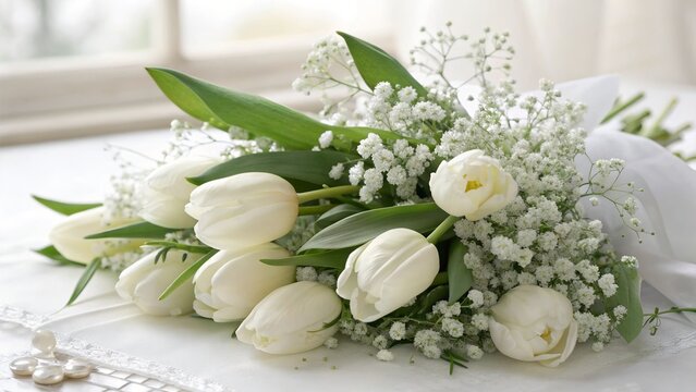 Elegant white tulip and baby s breath wedding bouquet