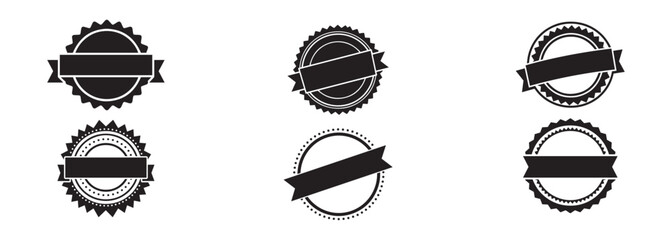 Badge and Ribbon Icons  A collection of six diverse black and white emblem designs with customizable ribbon banners