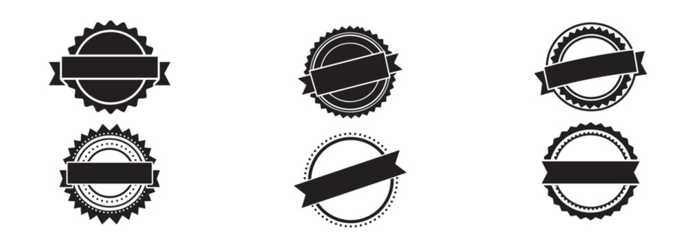 Badge and Ribbon Icons  A collection of six diverse black and white emblem designs with customizable ribbon banners - Powered by Adobe