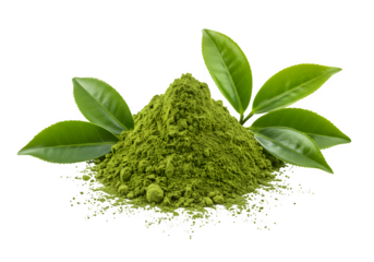 A mound of finely ground matcha powder is presented with several lush green tea leaves isolated on white or transparent background. PNG