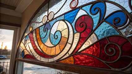 Vibrant abstract stained glass window with swirling patterns and warm colors