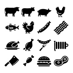 Silhouette assortment of various meats and animal products icons set For Thanksgiving Vector Design