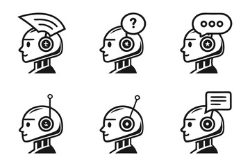 Diverse Robot Head Icons Representing AI Communication.