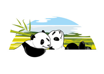 Two happy panda cubs with a bamboo branch