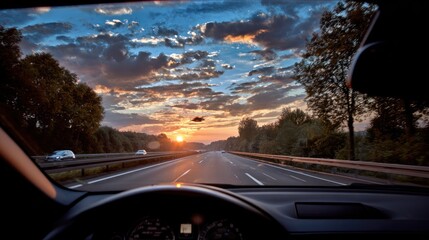 Obraz premium Highway sunset view from car