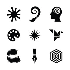 Nine black graphic icons representing creativity and thought processes ink splash paintbrush swirl