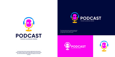 Microphone-shaped character logo, discussion symbol, podcast, vector illustration design.