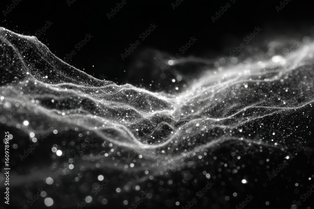 Poster glowing particles suspended in space on a dark background creating waves of light and shadow