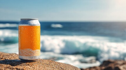 Bright Summer Beer Can Rests on Rocky Shoreline Overlooking the Ocean With Waves Crashing and a Clear Horizon Under Sunny Sky