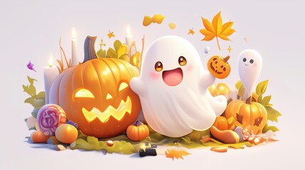 Adorable carved pumpkins surrounded by candles and tiny ghosts holding mini pumpkins-evoking warmth, joy, and innocent fun in the festive spirit of Halloween night