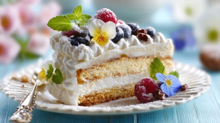 Decorated cake slice with berries and flowers