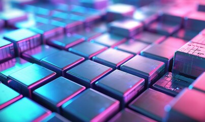 Metal cube array pattern in blue and magenta abstract technology background