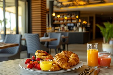 Elegant breakfast setting – pastries and fruit in a sunny dining room