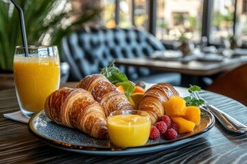 Breakfast at the hotel – fresh croissants, juices, and fruit in a bright restaurant
