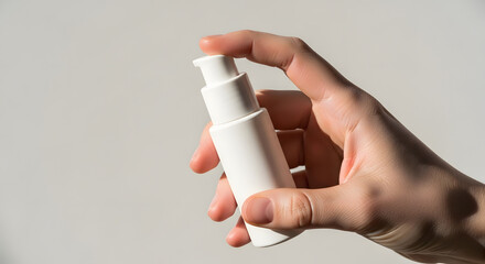 A hand pressing a white pump bottle dispenser for cosmetic cream or lotion on a clean background.