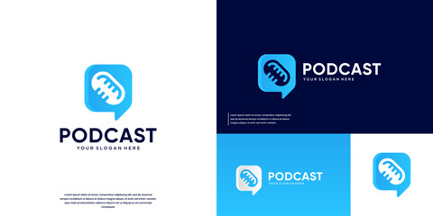 Chat logo with a combination of a microphone, chat symbol, discussion, broadcasting, and vector graphic design.