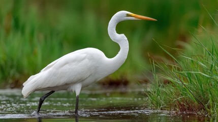 Obraz premium Great egret searching in shallow water