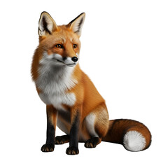 A photorealistic, detailed portrait of a red fox in a sitting position, isolated on white.