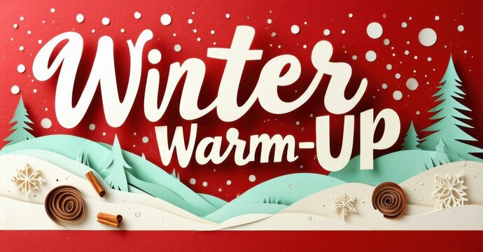 Festive winter scene. Papercraft style text reads Winter WarmUp. Snowflakes, cinnamon sticks, rolls present. Red background.