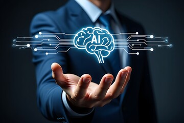 AI Brain Concept Held by Businessman Represents Machine Learning and Future Technology Innovation and Artificial Intelligence