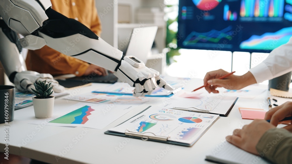 Poster a scene depicting a human and a robot working together in a modern office, surrounded by data visual