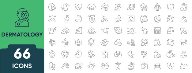 Dermatology Line Icon Set. Set of 66 outline icons featuring skin care, acne, eczema, rashes, treatments, dermatological tools, beauty, and skin health. Editable stroke. Linear vector illustration.