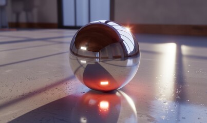 Reflective metal sphere on a smooth surface radiating soft ambient light