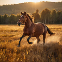 Obraz premium Brown horse galloping through a golden field at sunset with motion blur in the background, capturing energy, freedom, and grace in a dynamic and dramatic composition.