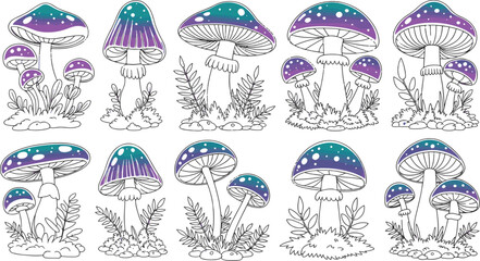 "Fantasy Glowing Mushrooms Vector Pack –  Magical Forest Vibes (Transparent PNG)"