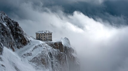 Mountaintop building in snowy cloudscape