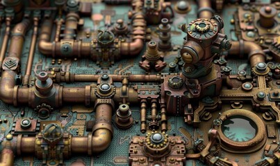 Steampunk copper pipes and valves detailed mechanical system close up