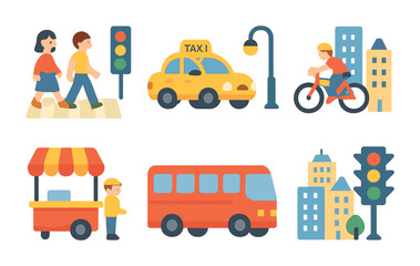 City Street Icons. Flat vector mini-illustrations A bustling city street with people walking, cars passing,