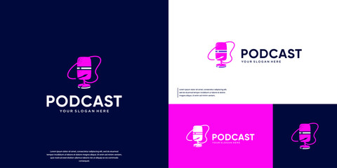 Minimalist microphone logo, digital technology symbol, entertainment, vector design inspiration.