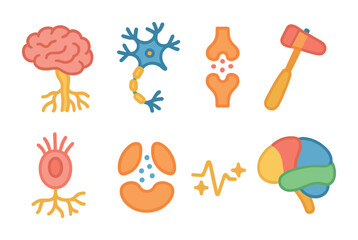 Nervous System Icons. Flat vector mini-illustrations Brain and nervous system connections in colors children's