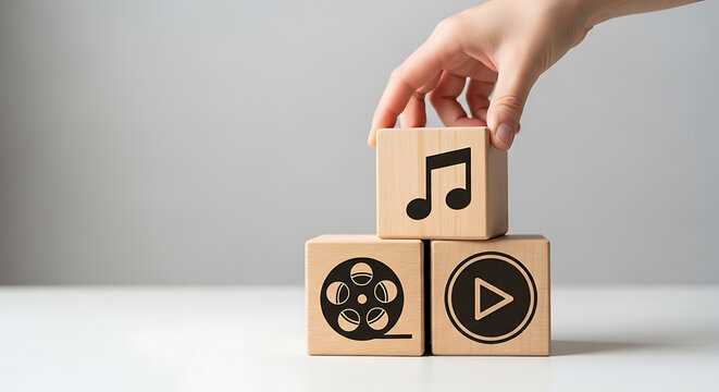 Wooden blocks with media symbols represent music, film, and video content creation and sharing