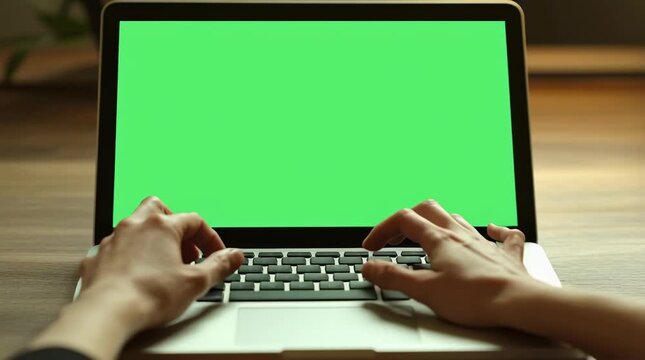 Close up of hands typing on a laptop with a green screen on a wooden desk ready for editing