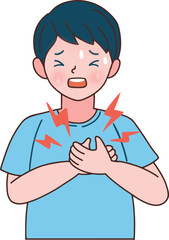 A young man experiencing sudden and severe chest pain, clutching his heart in distress. An illustration of a heart attack symptom or cardiac event.