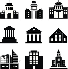 Obraz premium Collection of nine black and white building icons with architectural details architecture government