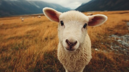 Obraz premium Cute lamb in a golden field