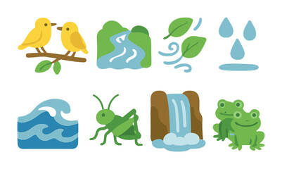 Nature Sounds Icons. Flat vector mini-illustrations Nature sounds for relaxation in colors children's