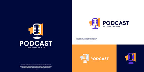 Broadcasting logo with a loudspeaker and microphone symbol, digital entertainment, abstract, graphic design illustration.