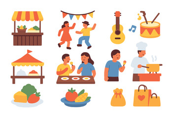 Fototapeta premium Local Food Festival Fun. Flat vector mini-illustrations Local food festivals and celebrations in colors