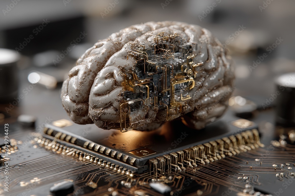 Poster artificial intelligence and neural network representation on a motherboard with a brain-like structu