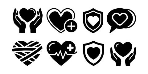 Heart protection and care icons. Icons of shielded hearts, medical hearts, and symbolic heart protection representing health, wellness, and emotional care.